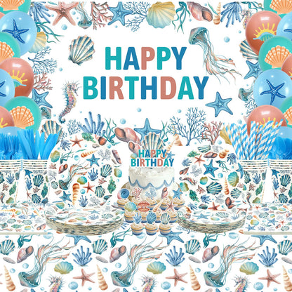 Obussgar Shells Birthday Party Decorations - Shells Party Supplies including Backdrop, Plate, Cake Topper, Cup, Napkin, Balloon, Tablecloth - Serves 20