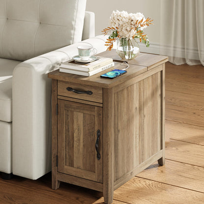 LINSY HOME End Table with Charging Station, Modern Farmhouse Wooden Side Table with Drawer, Detachable Holder, Extra Storage & Display Space, for Living Room and Bedroom, Wooden Door, Brown