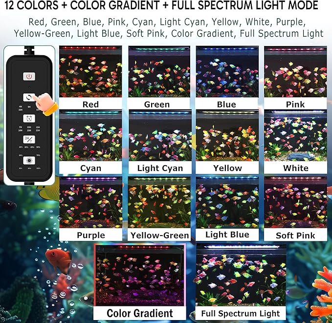 24/7 LED Aquarium Light for 24-30 Inch Plant & Fish Tank IP68, 12-Color & Gradient & Full Spectrum with Sunrise-Daylight-Moonlight, Auto On/Off, Brightness, Extendable Brackets for Freshwater