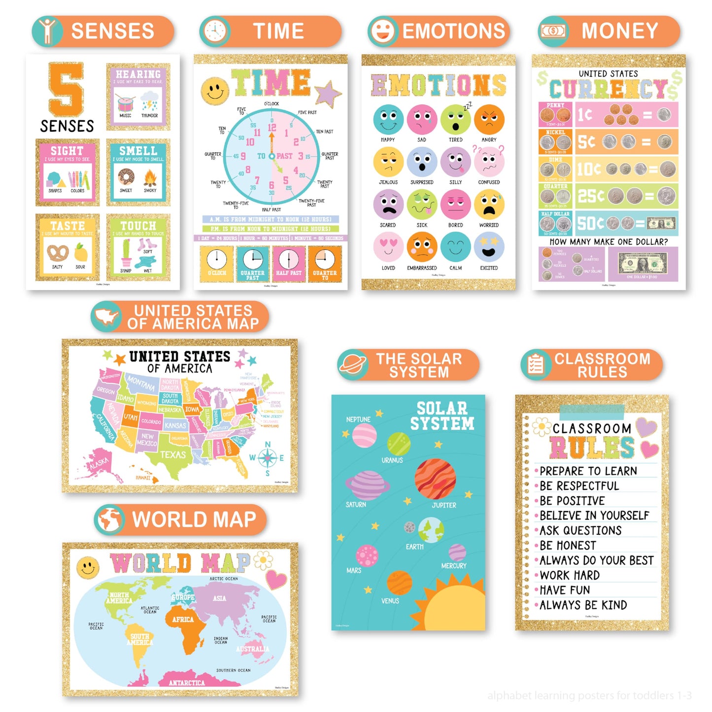 Hadley Designs 16 Educational Posters for Classroom Must Haves - Laminated Pre-K Posters for Toddler Homeschool Essentials, Toddler & Preschool Learning Activities, Kindergarten Classroom Decor