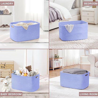 86L Large Baby Girls Laundry Basket for Nursery Storage,Cute Woven cotton Rope Baskets for Kids Toy，Gifts, Boho Square Wicker Blanket hamper for Living Room,Bedroom Dirty Clothes,Blue Purple