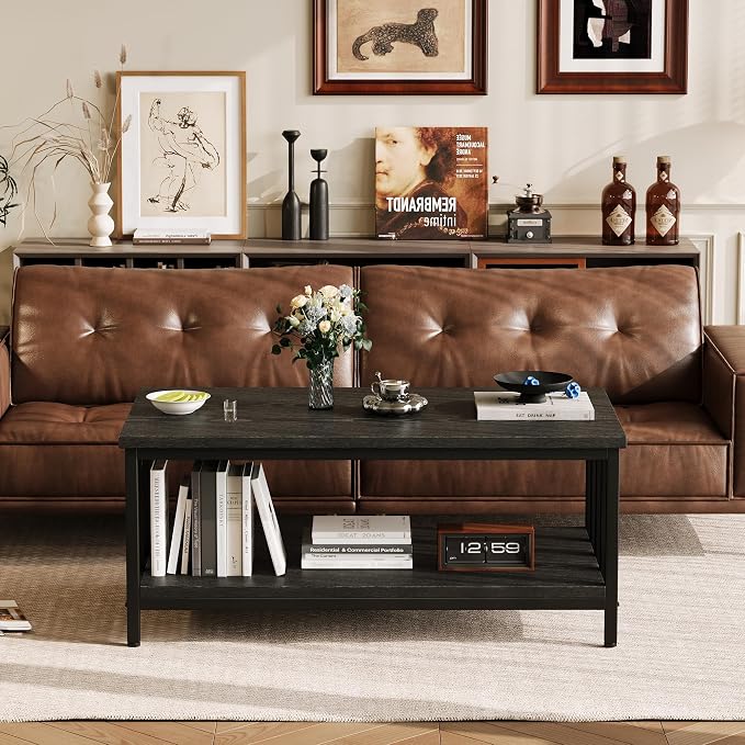 Coffee Table for Living Room with Slatted Sides Frame, Modern Farmhouse Living Room Table with 2-Tier Storage Shelf for Home Office, Apartment, 39 inch, Black