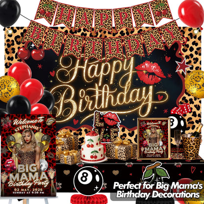 Red Black Cheetah Print Cherry Birthday Decorations Kit - Leopard Birthday Party Decor with Pre-Strung Banner Backdrop Tablecloth Balloons Cake & Cupcake Toppers, Prefect for Girls Women Big Mama