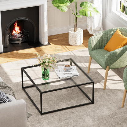 Black Glass Coffee Table for Living Room,Square Coffee Tables for Small Spaces,Simple Tea Cocktail Modern Center Tables, Living Room Tables,Easy Assembly,26 * 26in（Black & Clear Glass）