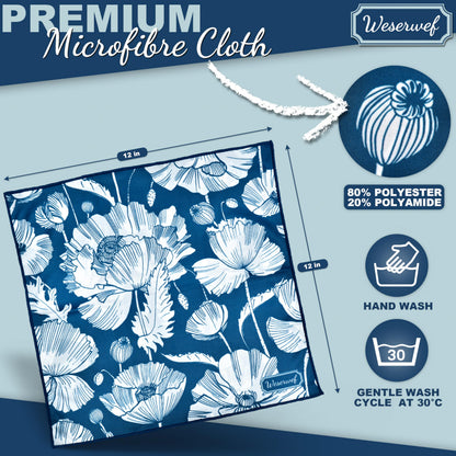 WESERWEF Design Microfiber Glasses Cleaning Cloth – Premium Cleaning Cloth for Eyeglasses, Screens, Tablets, Cameras & Lenses, 12" x 12", Ultra-Soft & Scratch-Free (Blue Poppies)