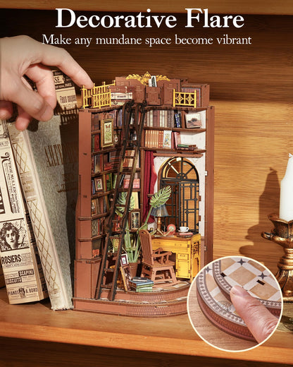 ROBOTIME Book Nook Kit, DIY Miniature House Kit, 3D Wooden Puzzle Bookends,Bookshelf Decor, Simple Assembly Dollhouse Kit, Creative Unique Gifts for Adults/Teens/Beginner (Silent Corner Study)