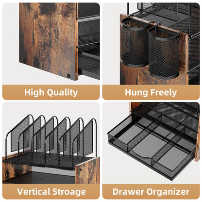 Marbrasse Desk Organizer with Drawer, 4-Tier Wooden File Organizer with 5 Vertical File Holders and 2 Pen Holders, Desk Organizers and Accessories for Home Office - Dark Brown