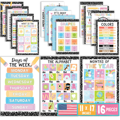 Hadley Designs 16 Educational Posters for Classroom Must Haves - Laminated Pre-K Posters for Toddler Homeschool Essentials, Toddler & Preschool Learning Activities, Kindergarten Classroom Decor