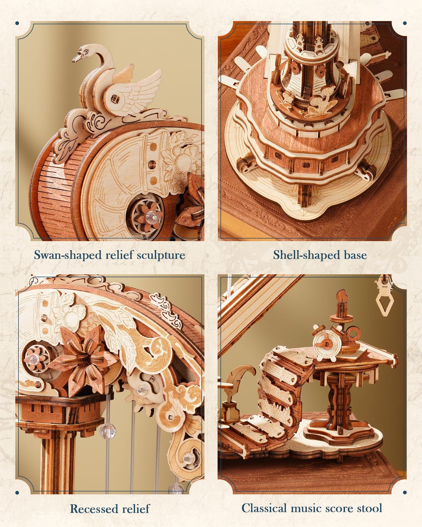 ROKR 3D Wooden Puzzle Harp Music Box, Building Model Kit with Mechanical Movement, Gift for Adults Women, Elegant Home Decor for Desk & Shelf