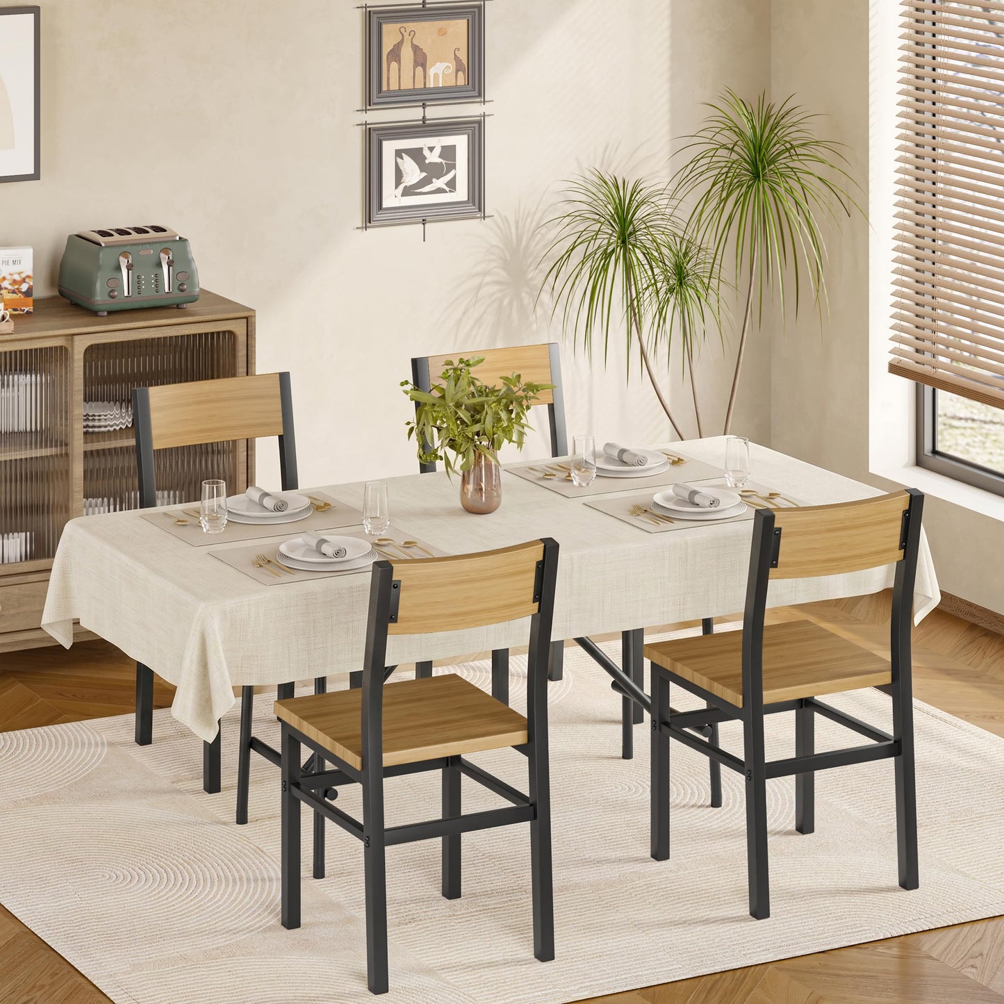 MECHYIN Dining Chairs Set of 4, Rustic Wood Dining Room Chairs with Thickened and Strengthened Metal Steel Frame & Slat Back, Modern Farmhouse Chair for Kitchen, Dining Room (4, Natural Wood)