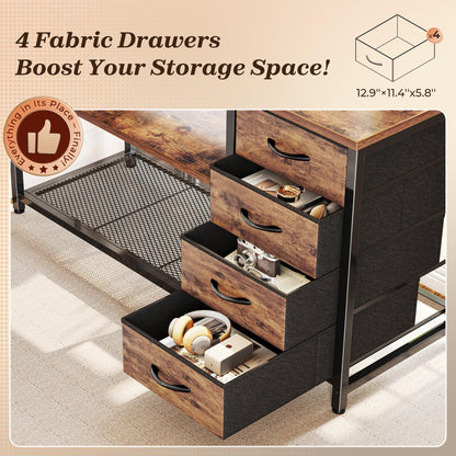 PRAISUN 61" L Shaped Desk with Power Outlets and USB-C Port, Reversible Computer Corner Office Desk with 4 Fabric Drawers and 2 Height-Adjustable Shelves, Large for Gaming Writing Study, Rustic Brown