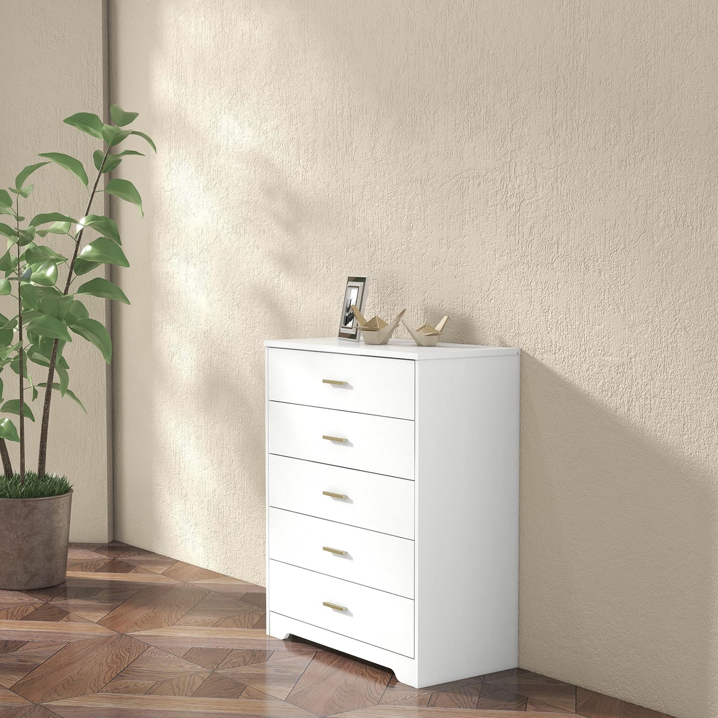 Panana Dresser for Bedroom with 4/5 Drawers, Wooden Chest of Drawers, Storage Organizer Unit Dressers for Bedroom, Living Room, Hallway, Nursery (White, 5 Drawer)