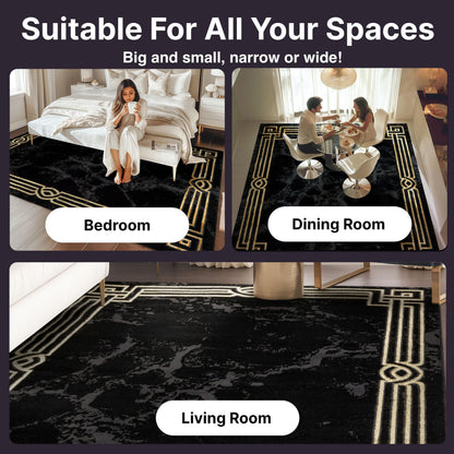 Well Woven Lezlee Abstract Modern 7'10" x 9'10" Area Rug Black Gold Marble Border - for Living Room, Dining Room, Bedroom