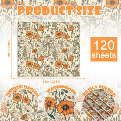 120 Sheets Orange Wildflower Garden Floral Wax Paper for Food Deli, 13.4 * 9.4‘’ Retro Floral Greaseproof Deli Paper for Sandwich Picnic Basket Liner Birthday Party Supplies