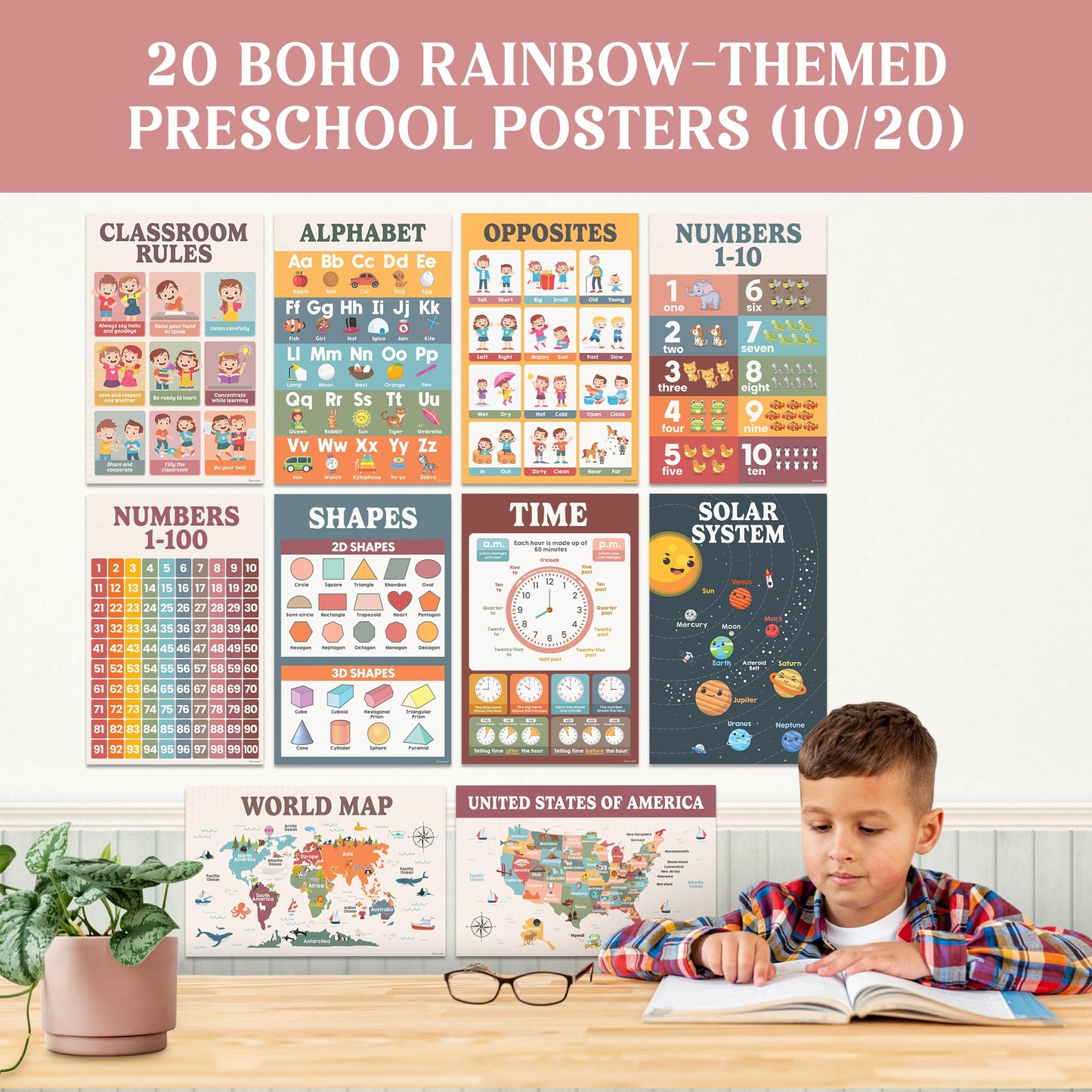 Decorably 20 Boho Learning Posters for Kids Ages 3-5, 11x17in Educational Matte-Laminated for Classrooms, Homeschool, School Hallways, Bulletin Boards