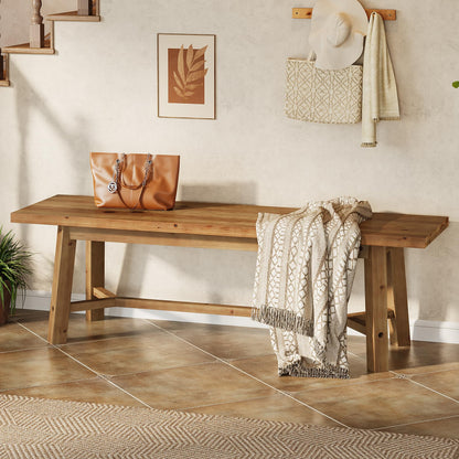 TRIBEWOOD 55" Solid Wood Bench, Farmhouse Long Bench Seat for Entryway, Dining Room, Living Room, Solid Wood, Rustic Brown