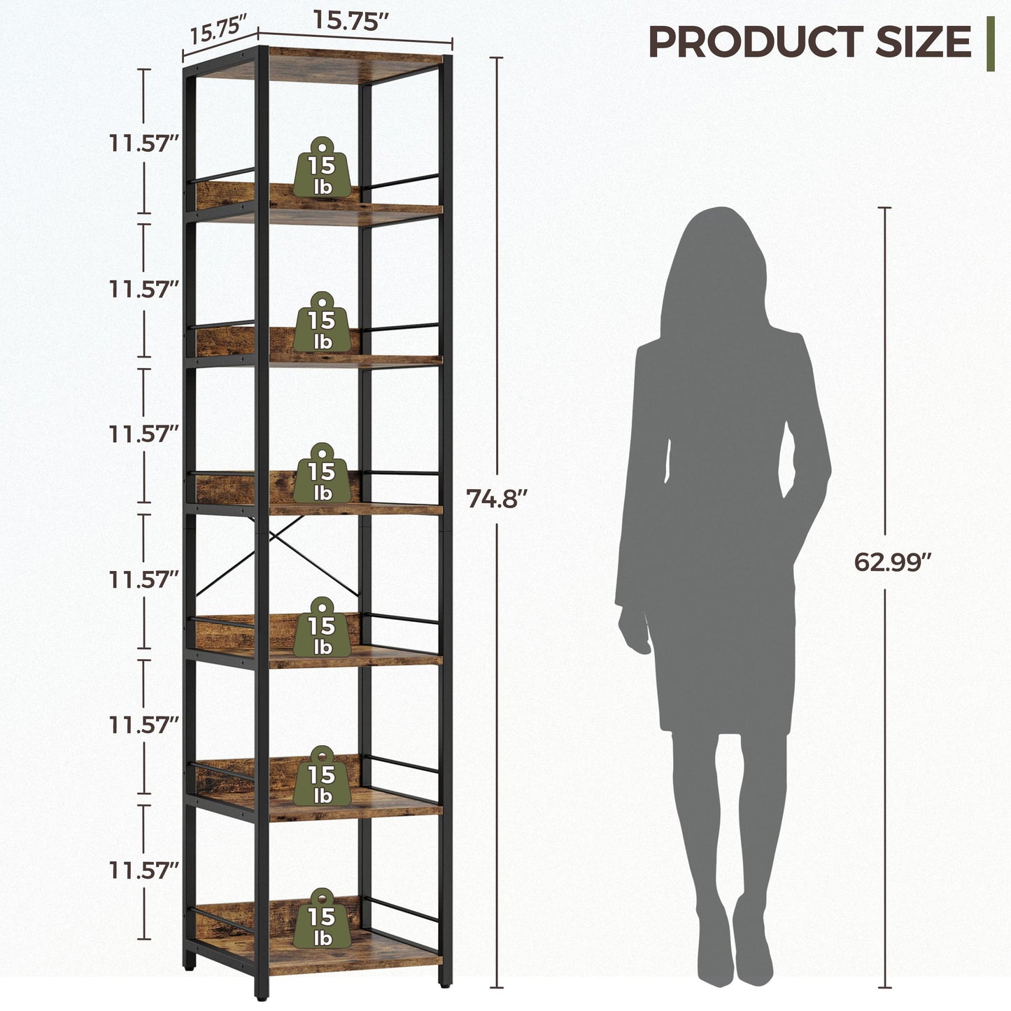 IRONCK 75" Tall Narrow Book Shelf, 6-Tier Open Corner Bookshelf, Industrial Metal Frame Square Display Storage Rack for Living Room, Rustic Brown