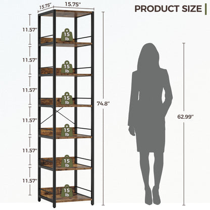 IRONCK 75" Tall Narrow Book Shelf, 6-Tier Open Corner Bookshelf, Industrial Metal Frame Square Display Storage Rack for Living Room, Rustic Brown
