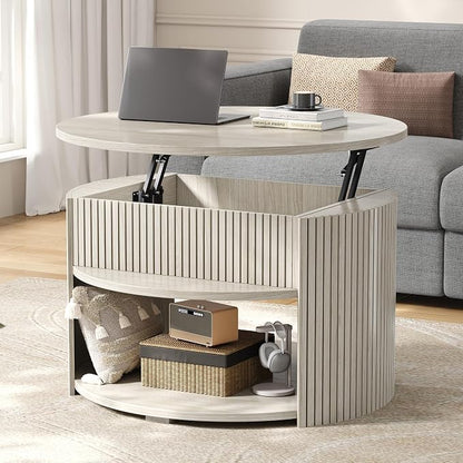Round Lift Top Coffee Table with Storage, Fluted Mid-Century Modern Coffee Tables for Living Room, with Hidden Compartment & Open Shelves, for Small Spaces & Home Office(31.5" White Oak)