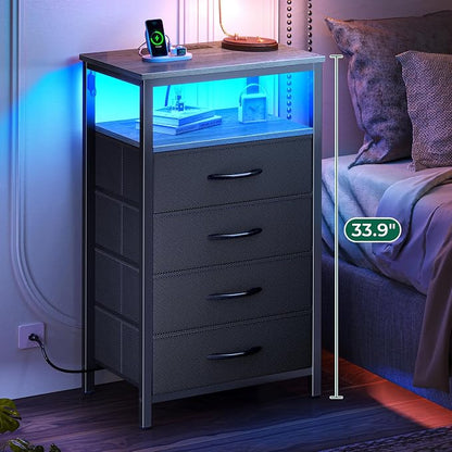 Huuger Night Stand with Charger Station and LED Lights, 4 Drawer Nightstand, Bed Side Table with Open Shelf, End Table, Fabric Dresser for Bedroom, Grey