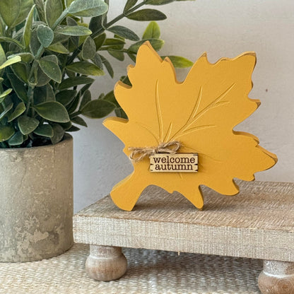 Fall Leaf Shelf Sitter, Chunky Wooden Autumn Decor for Tiered Tray Displays, Rustic Harvest Tabletop Accent Thanksgiving Mantel Decoration (Yellow)