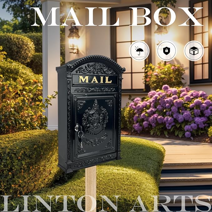 Vintage Mailboxes for Outside, Large Cast Aluminum Locking Mailbox, Weatherproof Metal Mail Boxes for House Outside, Decorative Mailbox Wall Mount for Home Outdoor(12.28"x17.51"x3.62")