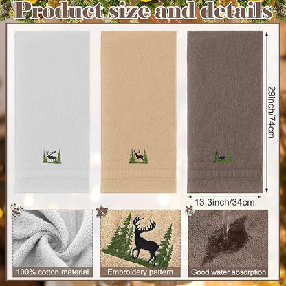 3 Pcs Farmhouse Cabin Bear Hand Towels Forest Moose Deer Embroidered Rustic