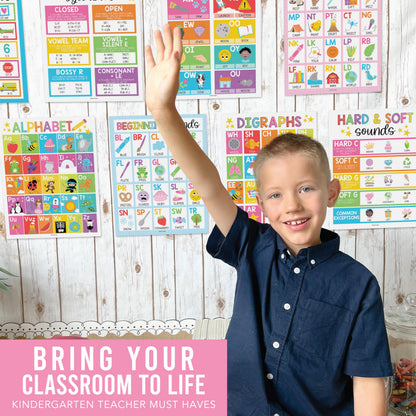 Hadley Designs Phonics Posters for Classroom Must Haves - 9 Sound Wall for Kindergarten & Elementary Teacher Supplies, Syllable, Vowels, Digraphs & Blends Bulletin Board Set, Rainbow Classrom Decor