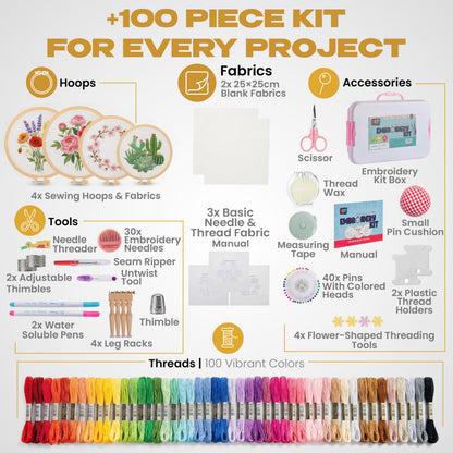 KEFF Craft Embroidery Kit for Beginners - 100 Embroidery Thread Colors, 4 Hoops, Scissors, Needles, Pins, Blank Fabrics & Tools – Cross Stitch Supplies, Cross Stitch Kits, Arts and Crafts for Adults