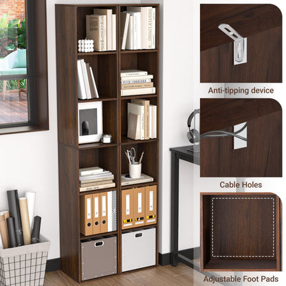 NewBeth 6 Cube Storage Organizer, Narrow Open Shelf Bookcase, Freestanding 6 Tier Low Display Bookshelf for Home Office, Living Room, Bedroom, Dark Brown & Black Walnut