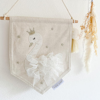 MON AMI Embroidered Swan Hanging Wall Canvas Banner | 10-Inch Plush Wall Décor for Nursery & Kids’ Room | Elegant Swan Design with Tassels | Whimsical Gift for Baby Showers & Birthdays