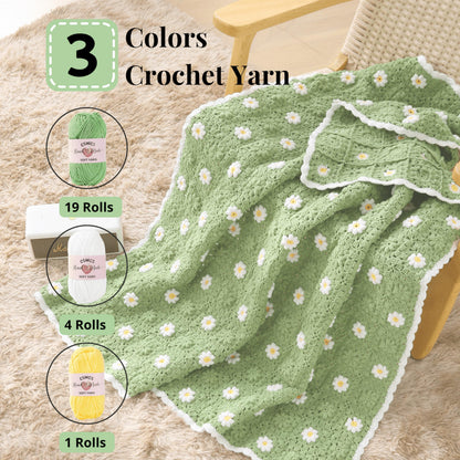 CSWCS Crochet Blanket Kit for Beginners, Daisy Granny Square Throw Kit for Adults, Easy Learn How to Knitting with Yarn & Hook, Complete Starter Set with Step-by-Step Instructions (39" x 31")
