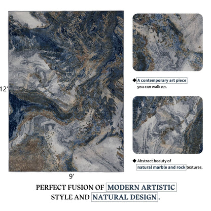Abstract 9x12 Rug for Living Room: Modern Washable Blue Area Rugs for Bedroom Dining Room - Pet Friendly Thin Low Pile Non-Slip Stain Resistant Large Carpet