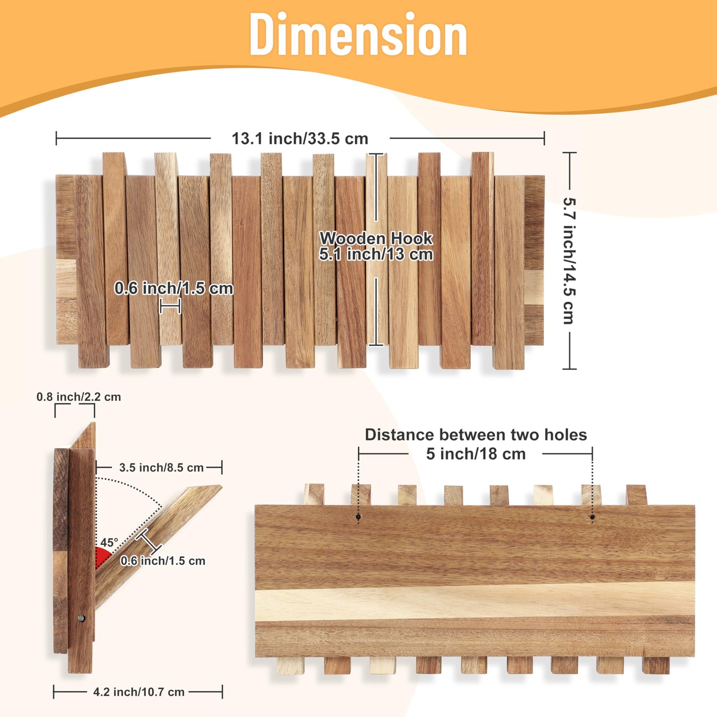KYIAANY Small Coat Rack for Apartment: 13.2Inch Wood Rustic 8 Hooks Wall Mount Retractable for Narrow Spaces Entryway Bathroom for Hanging Light Items Jacket Towel Dog Leash Bag