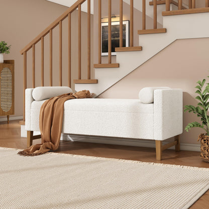 Christopher Knight Home Namo Boucle Upholstered Ottoman with Storage, Wooden Storage Ottoman Bench with Pillows, Long Entryway Ottoman Foot Rest, Bedroom End of Bed Foot Stools Ottoman, Natural+Ivory