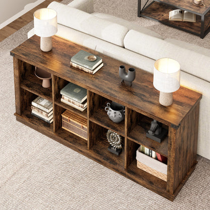 Garvee 8 Cube Book Shelf, Rustic Farmhouse Wood Horizontal Bookshelf, Long Freestanding Bookcase Cabinet, 2-Tier Storage Organizer for Living Room, Entryway, Office, Retro Brown