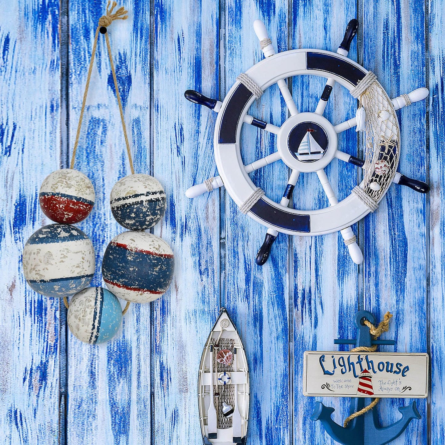 Wood Buoys Nautical Wall Decor for Home, Rustic Decorative Wall Hanging Fishing Floats Wooden Sculpture Distressed Buoys Beach Ornament Ocean Sea Coastal Decor for Bathroom Bedroom Living Room
