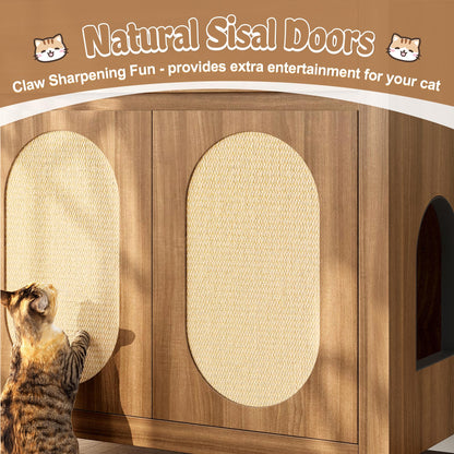 Hidden Cat Litter Box Enclosure Furniture with Scratching Board Doors and Storage Drawer, Wooden Washroom Cat House Cabinet Side Table Nightstand for Living Room, Espresso