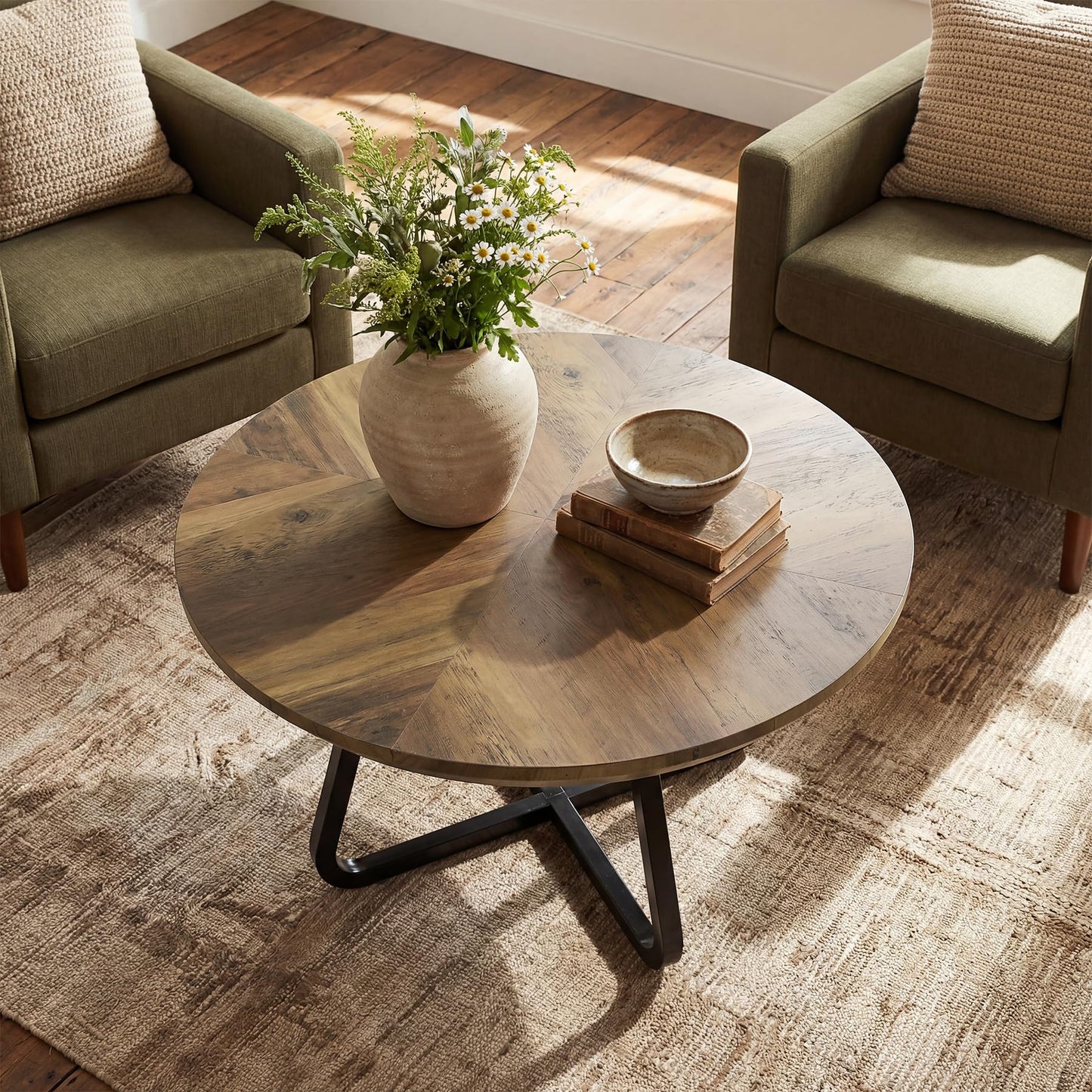 LITTLE TREE 31.5 Inches Round Coffee Table, Modern Wooden Center Table for Living Room, Home Office, Small Space, Easy Assembly, Rustic Brown