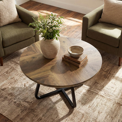 LITTLE TREE 31.5 Inches Round Coffee Table, Modern Wooden Center Table for Living Room, Home Office, Small Space, Easy Assembly, Rustic Brown
