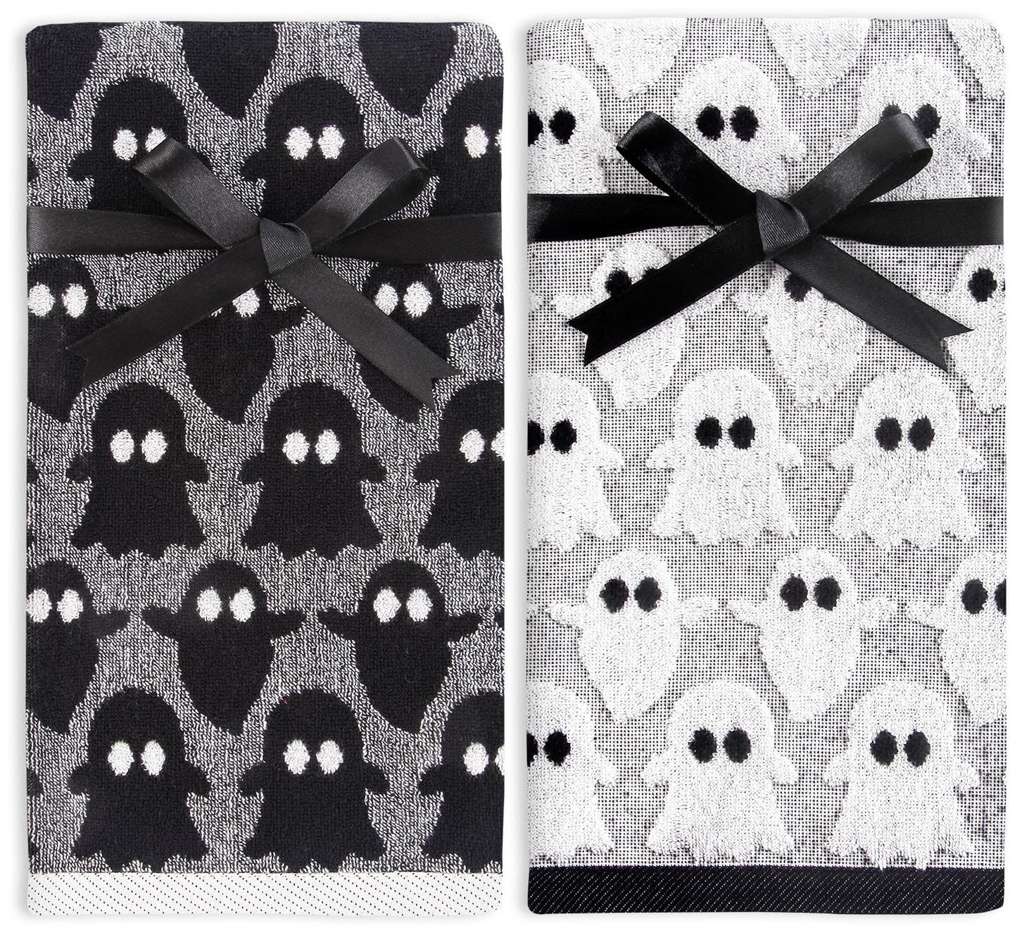Quera 2 Pack Hand Towels Halloween Ghost Black White Bathroom Decorative Towels Set for Drying, Cleaning, Cooking, Holiday 13.7'' x 29.5''