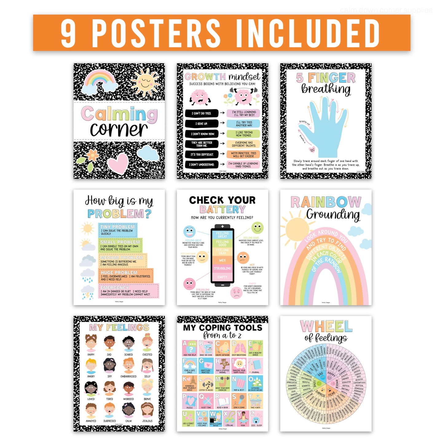 Hadley Designs 9 Calming Corner Posters for Classroom Must Haves - Calm Down Corner Supplies with Emotions Chart, School Counselor Mental Health Poster, Feelings Chart For Kids, Pastel Classroom Decor