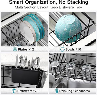 JASIWAY Black Dish Drying Rack in Sink, Expandable Stainless Steel Dish Drainers for Kitchen Counter, Dish Dryer Rack for Inside Sink, Over The Sink Dish Racks with Utensil Holder