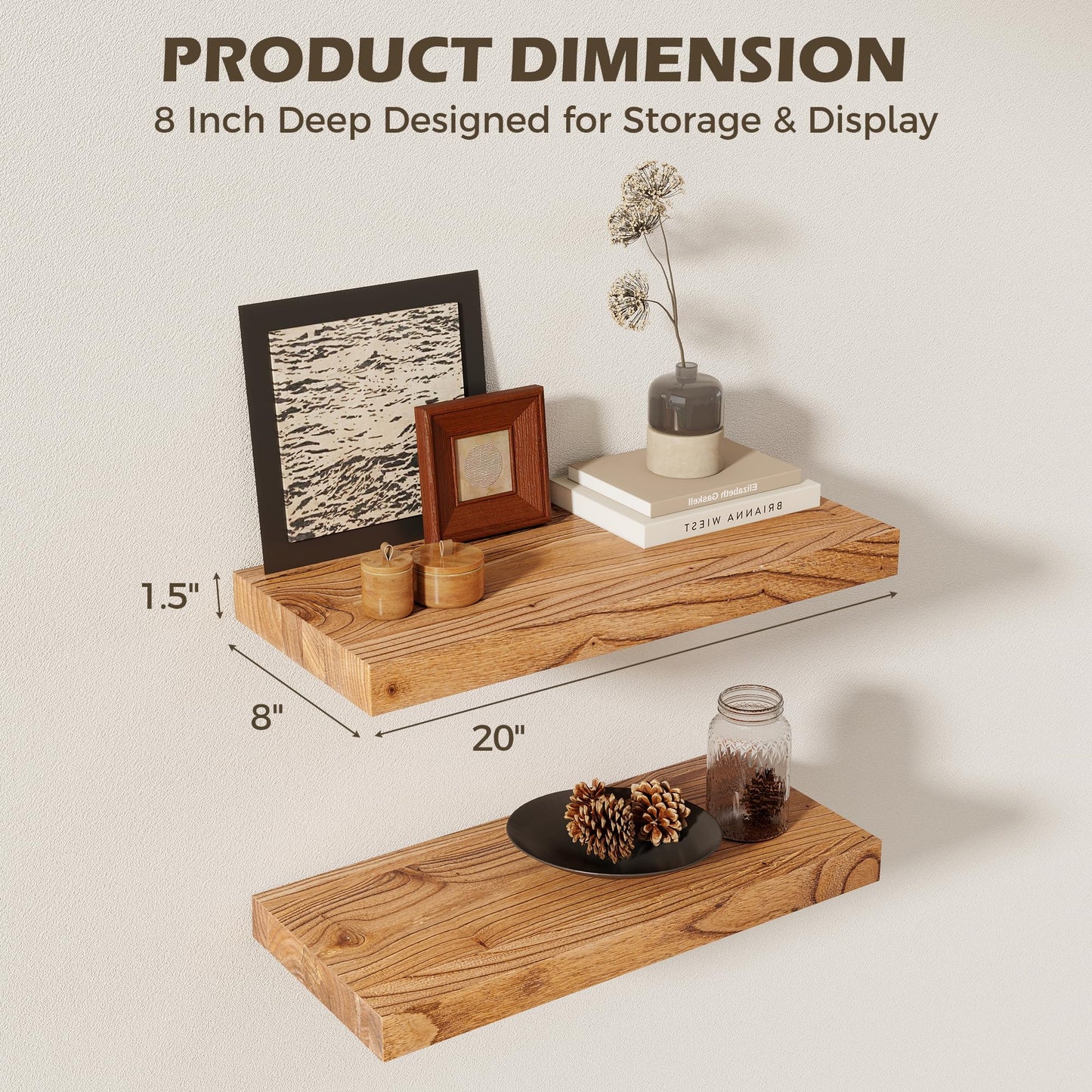RICHFOCUS 20inch Natural Floating Shelves for Wall, 8" Deep High End Solid Real Wood Wall Shelves for Bathroom, Rustic Wooden Floating Shelves with Invisible Brackets for Books Storage Decor, Set of 2