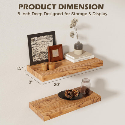 RICHFOCUS 20inch Natural Floating Shelves for Wall, 8" Deep High End Solid Real Wood Wall Shelves for Bathroom, Rustic Wooden Floating Shelves with Invisible Brackets for Books Storage Decor, Set of 2