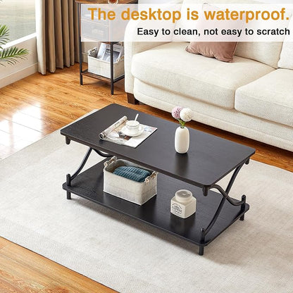 VECELO Coffee Table for Living Room with Round Corners Modern Farmhouse Center Table with Storage Shelf for Home Office 39 Inch, Easy Assembly, Glossy Black