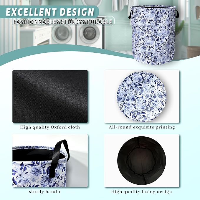 Blue Flower Floral Laundry Basket Foldable
