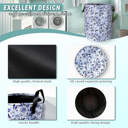 Blue Flower Floral Laundry Basket Foldable
