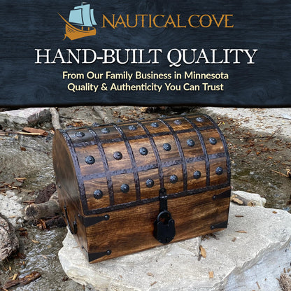 Nautical Cove Handmade Pirate Treasure Chest for Kids Prizes & Classroom with Lock and Skeleton Keys – Lockable Wooden Storage Chest Box, Pirate Decor, Decorative Wooden Box - X-Large 16x11x10.5