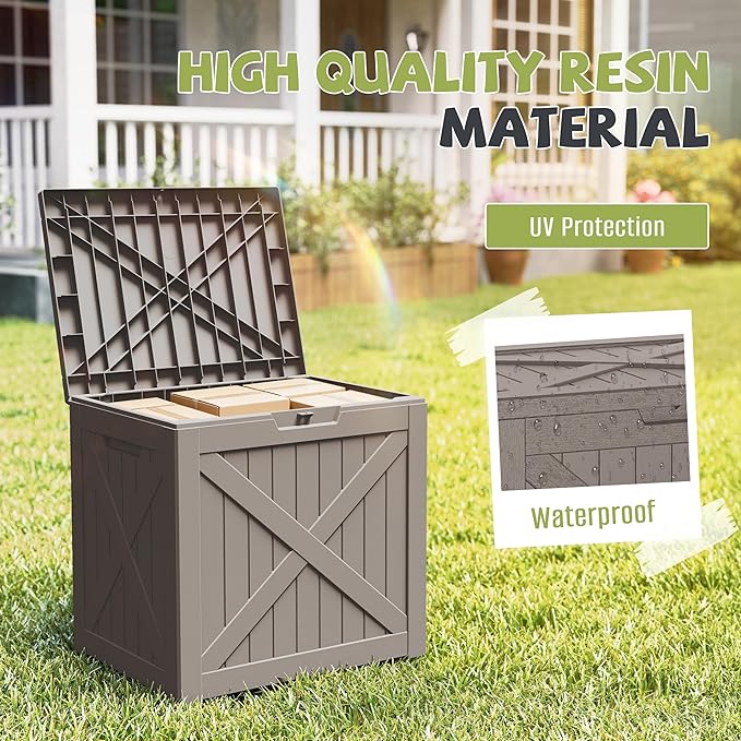 PatioZen 32 Gallon Package Delivery Box, Waterproof Outdoor Package Delivery Box with Lid, UV-Resistant Resin Storage Bench for Patio Furniture, Garden Tools, Cushions, Pool Accessories(Grey)